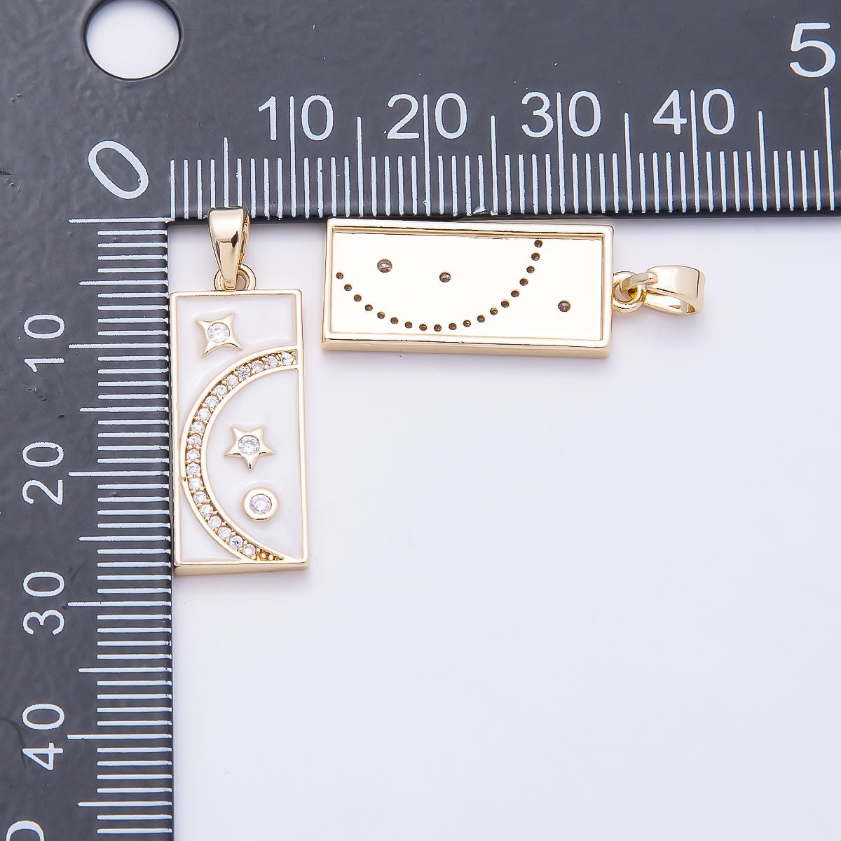 16K Gold Filled 24mm Micro Paved CZ White Enamel Celestial Moon Star Rectangular Tag Pendant | Charms-00953 - DLUXCA