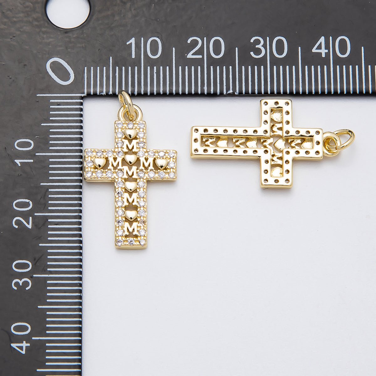 16K Gold Filled 24mm "MOM" Micro Paved CZ Religious Cross Charm | Charms - 00461 - DLUXCA