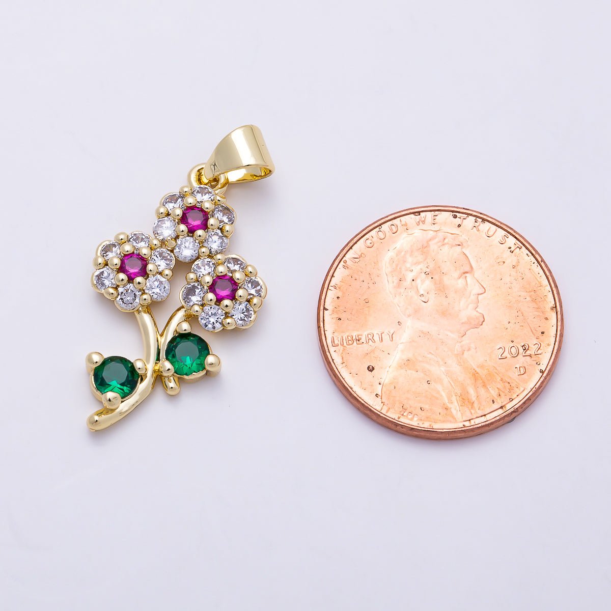 16K Gold Filled 24mm Multicolor Micro Paved CZ Triple Flower Pendant | Charms-01400 - DLUXCA