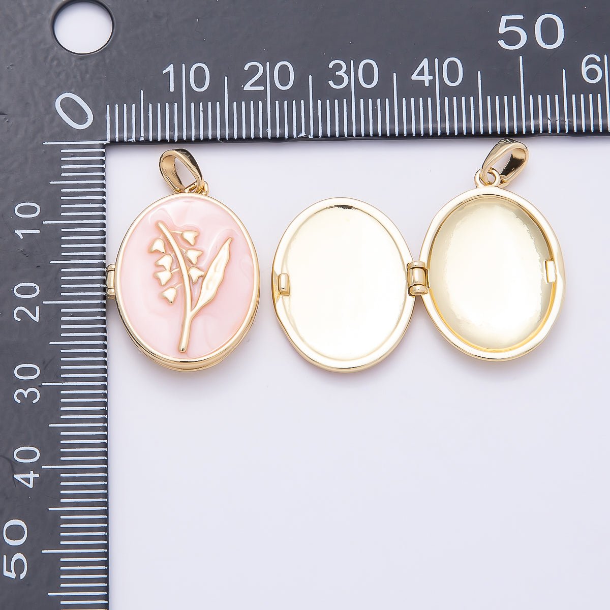 16K Gold Filled 24mm Pink, White Glitter Enamel Flower Oval Locket Pendant | Charms-01031 Charms-01032 - DLUXCA