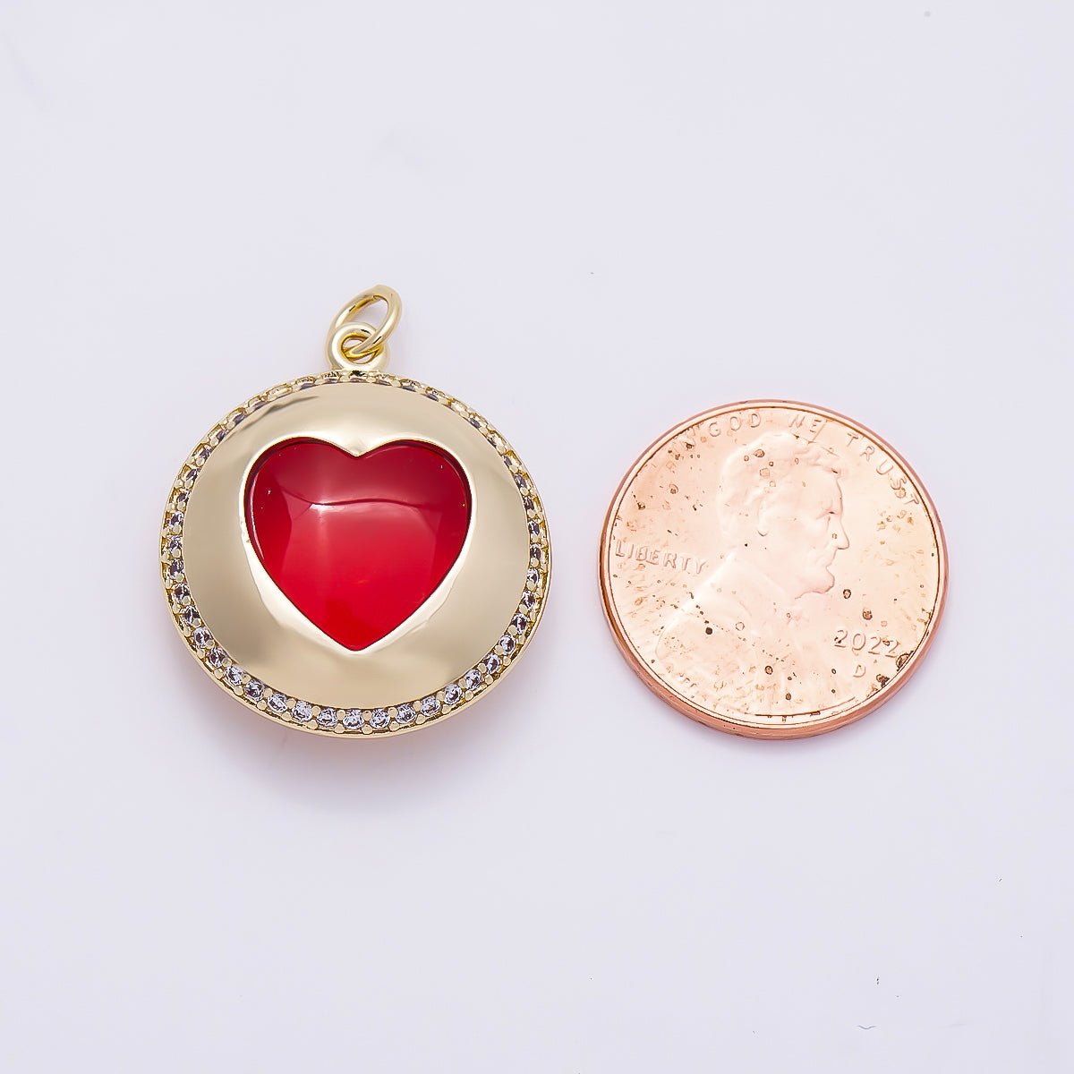 16K Gold Filled 24mm Red Heart Micro Paved CZ Round Pendant | Charms-01278 - DLUXCA