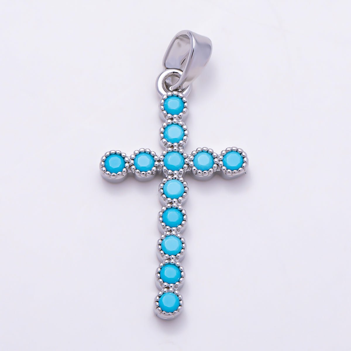 16K Gold Filled 24mm Turquoise CZ Bezel-Set Cross Religious Pendant in Gold & Silver | Charms-01849 - Charms-01850 - DLUXCA