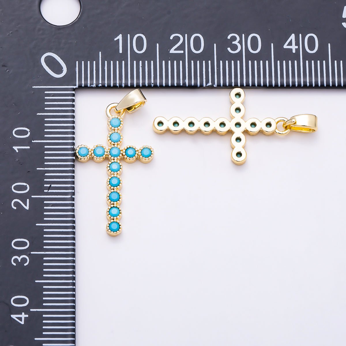 16K Gold Filled 24mm Turquoise CZ Bezel-Set Cross Religious Pendant in Gold & Silver | Charms-01849 - Charms-01850 - DLUXCA