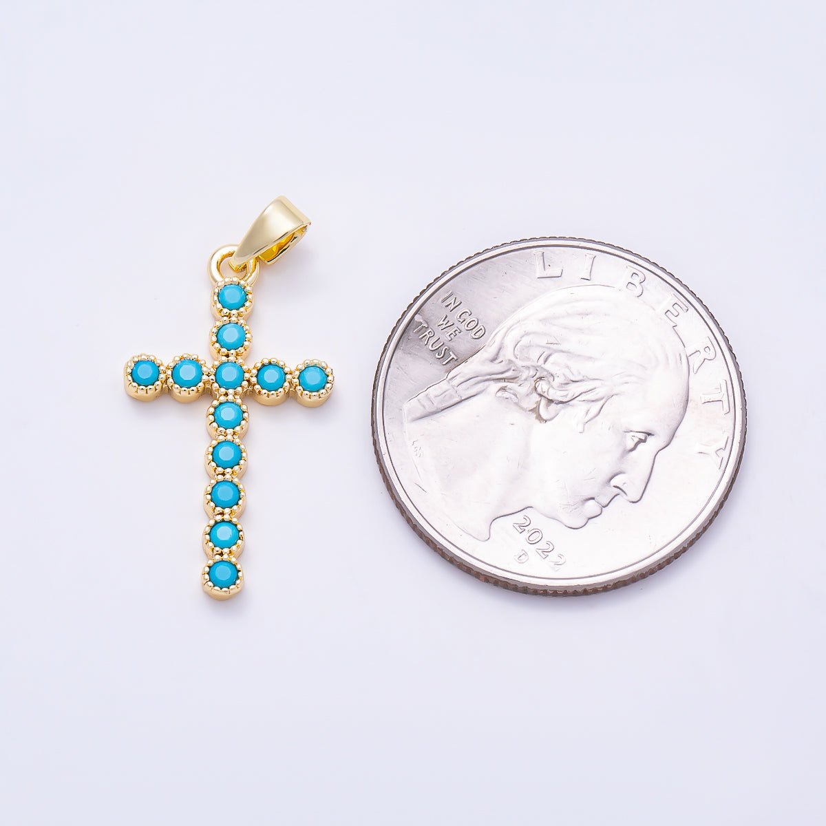 16K Gold Filled 24mm Turquoise CZ Bezel-Set Cross Religious Pendant in Gold & Silver | Charms-01849 - Charms-01850 - DLUXCA