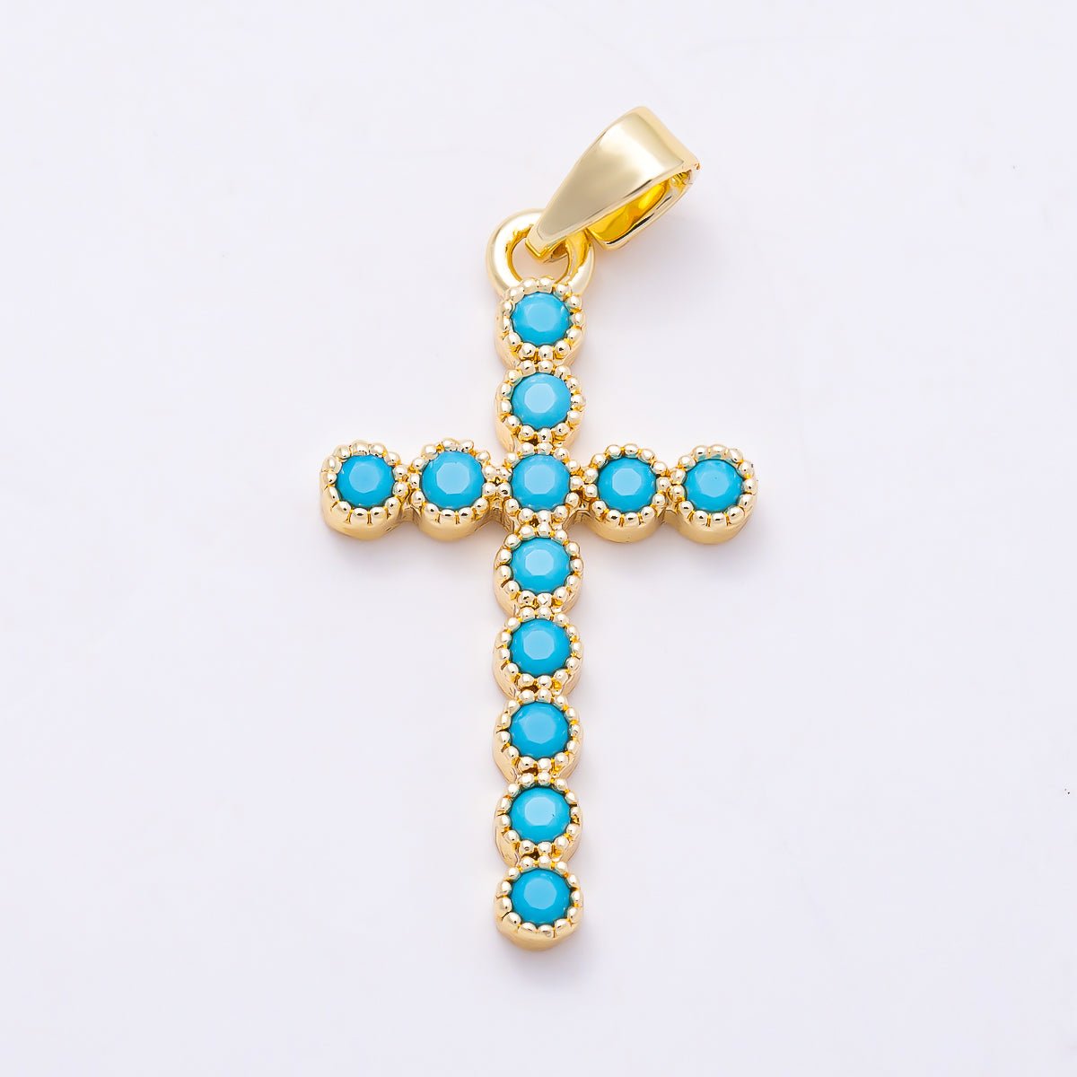 16K Gold Filled 24mm Turquoise CZ Bezel-Set Cross Religious Pendant in Gold & Silver | Charms-01849 - Charms-01850 - DLUXCA