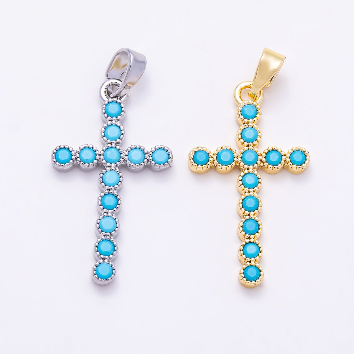 16K Gold Filled 24mm Turquoise CZ Bezel-Set Cross Religious Pendant in Gold & Silver | Charms-01849 - Charms-01850 - DLUXCA