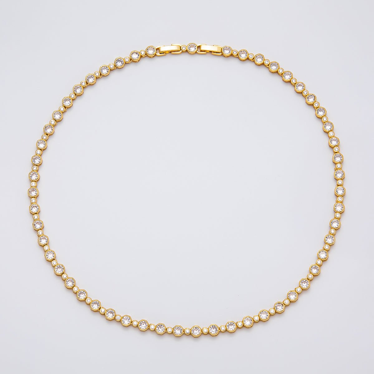 16K Gold Filled 2.5mm 5mm Clear Round Bezel Tennis Chain 16.5 Inch Adjustable Necklace | WA - 04269 - DLUXCA