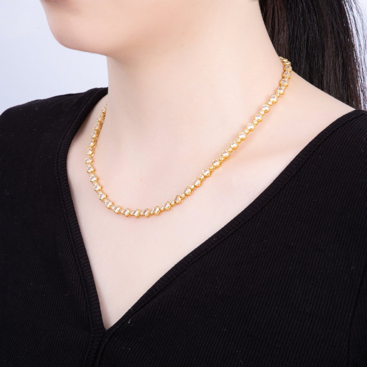 16K Gold Filled 2.5mm 5mm Clear Round Bezel Tennis Chain 16.5 Inch Adjustable Necklace | WA - 04269 - DLUXCA