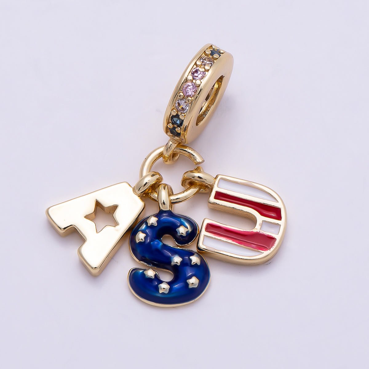 16K Gold Filled 25mm Clear CZ Letter USA Flag Enamel Pendant | Charms-00962 - DLUXCA