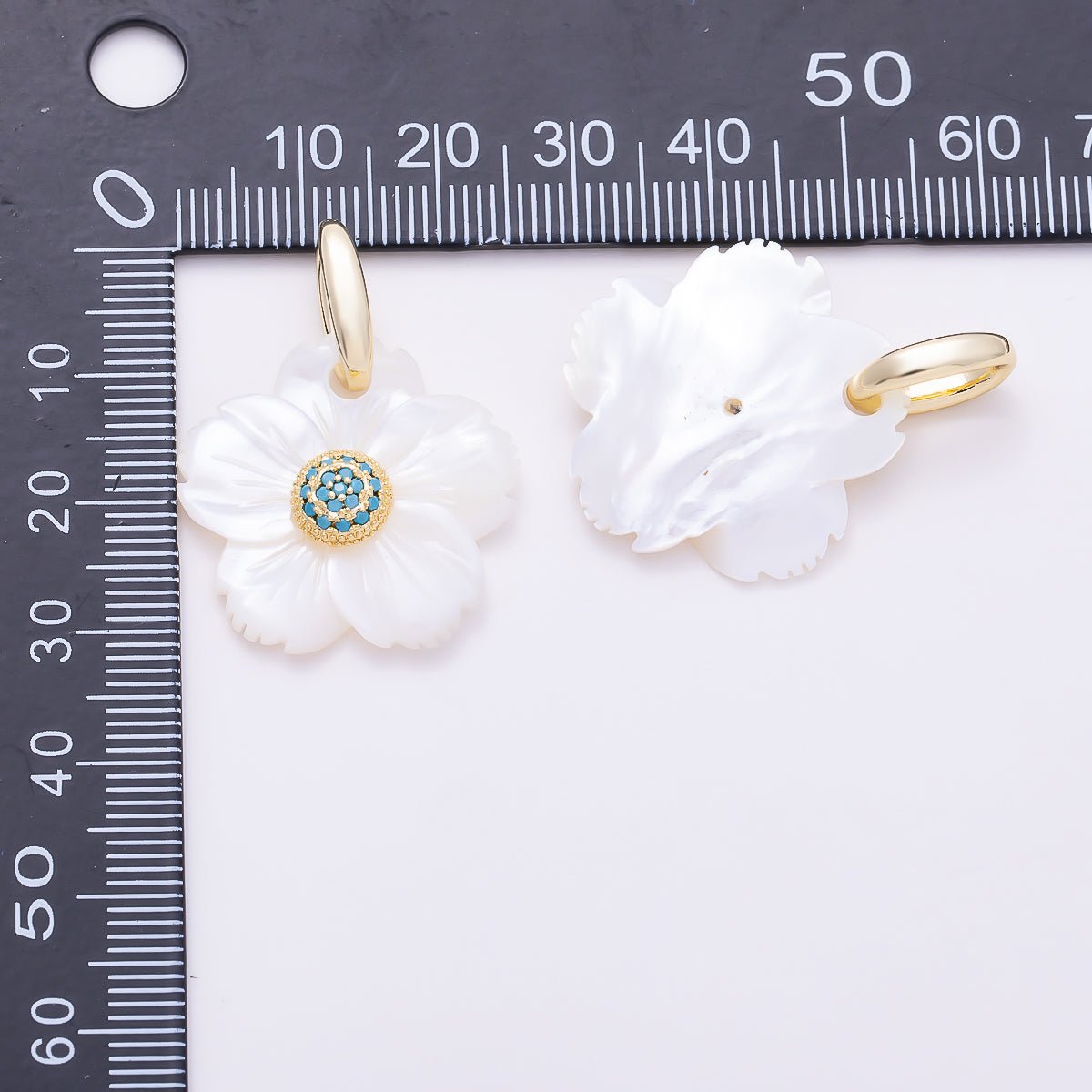 16K Gold Filled 25mm Clear & Turquoise Round Micro Paved CZ Carved Mother of Pearl Cherry Blossom Flower Pendant | Charms-01881 - Charms-01882 - DLUXCA