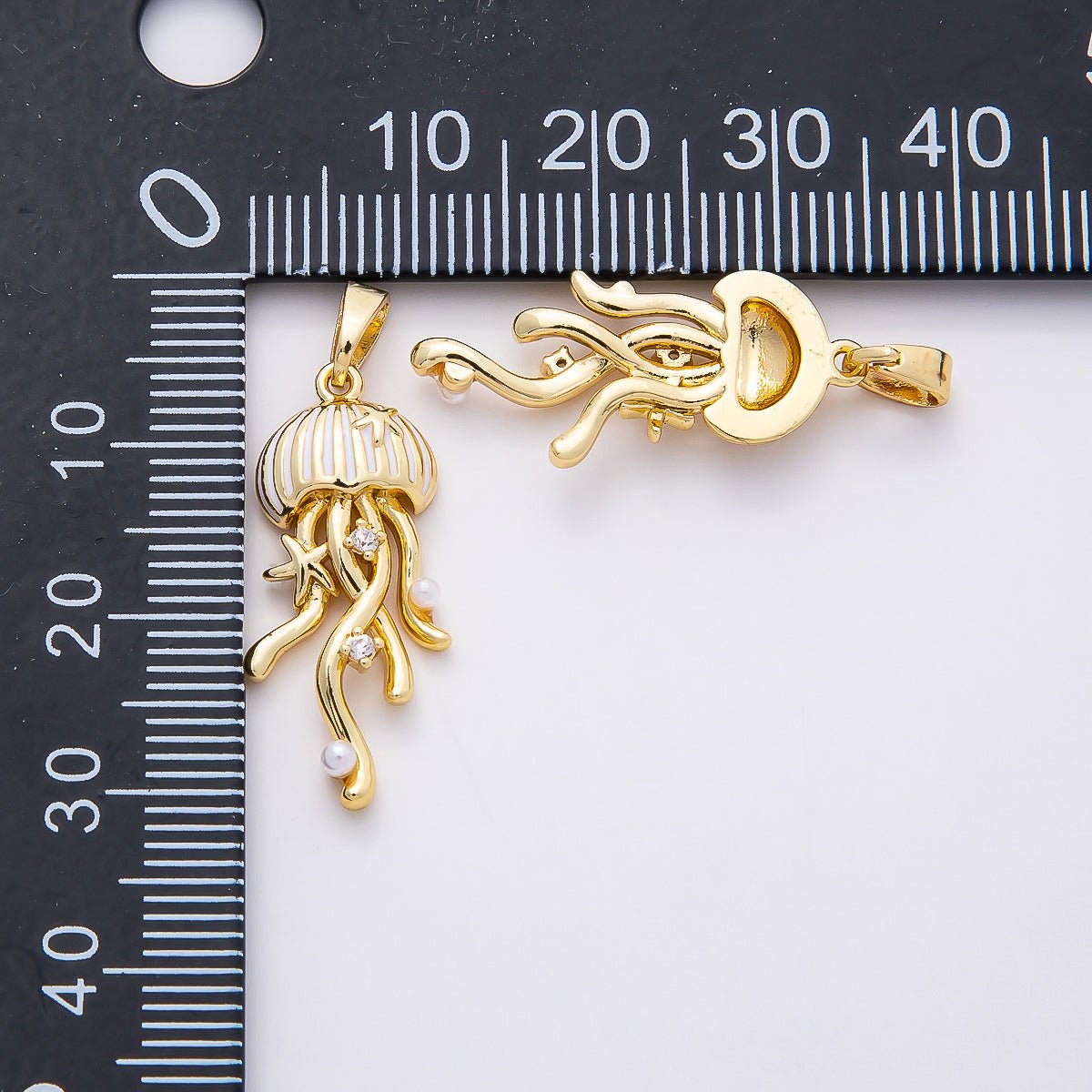 16K Gold Filled 25mm CZ White Enamel Shell Pearl Jellyfish Animal Charm | Charms - 00845 - DLUXCA