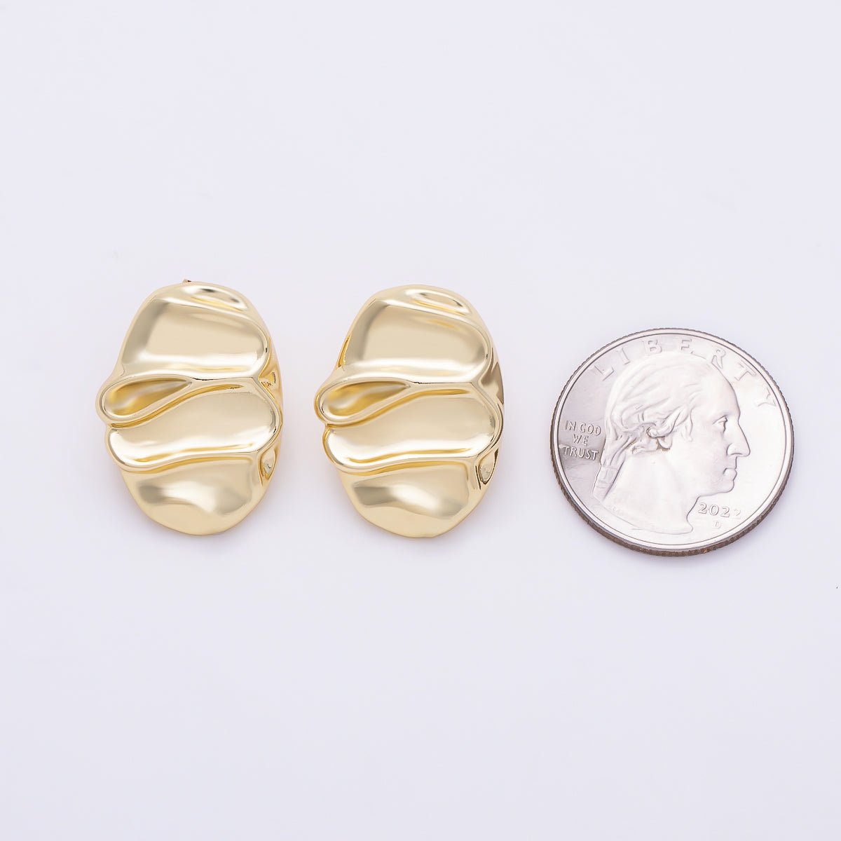 16K Gold Filled 25mm Geometric Hammered Oval Stud Earrings | Earrings-00793 - DLUXCA