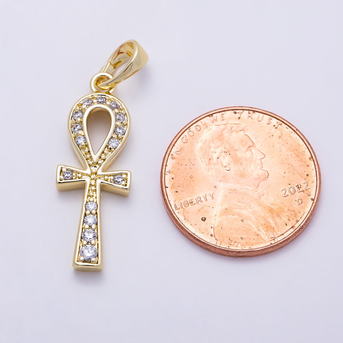 16K Gold Filled 25mm Micro Paved CZ Ankh Cross Religious Pendant | Charms-01393 - DLUXCA