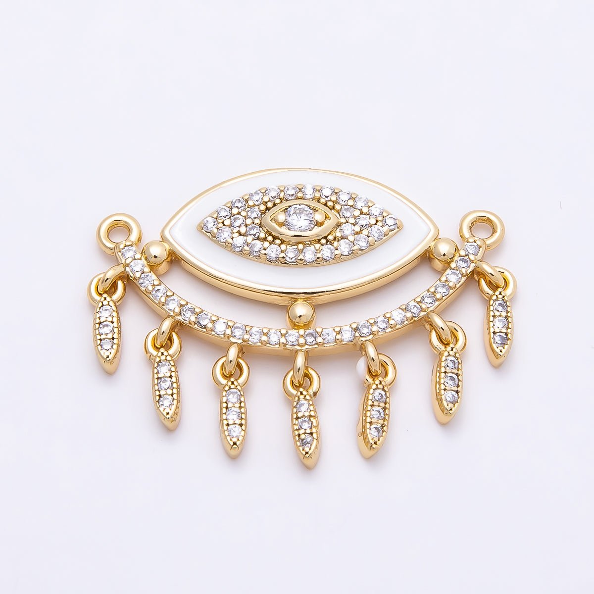 16K Gold Filled 25mm Micro Paved CZ Shell Pearl Evil Eye Curved Connector | Connectors - 00020 - DLUXCA