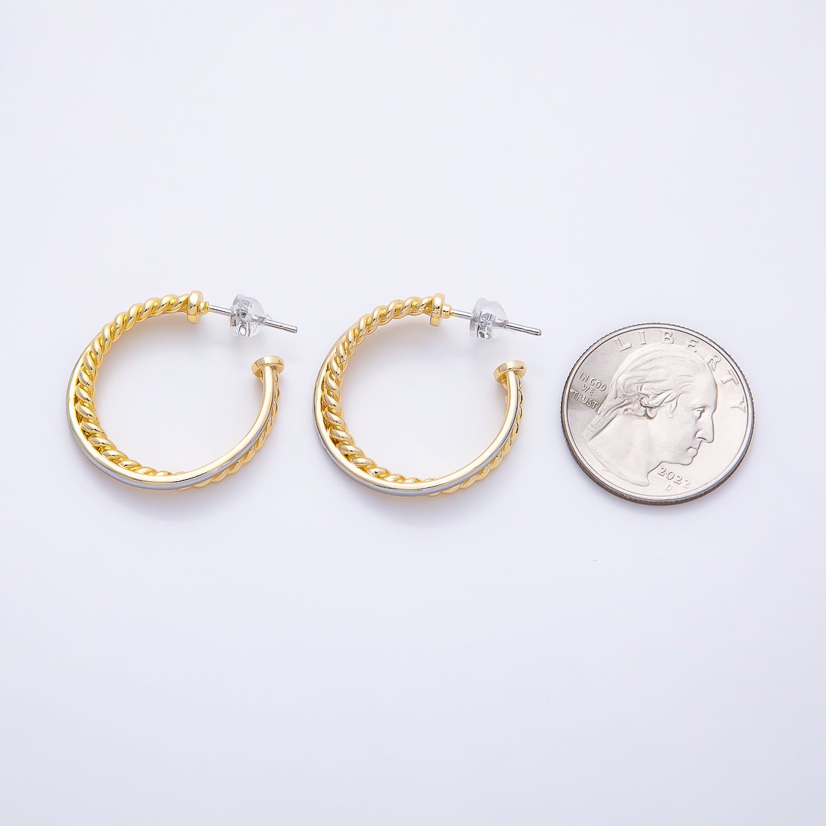 16K Gold Filled 25mm Mixed Metal Croissant Double C-Shaped Hoop in Silver & Gold | Earrings-00670 - DLUXCA