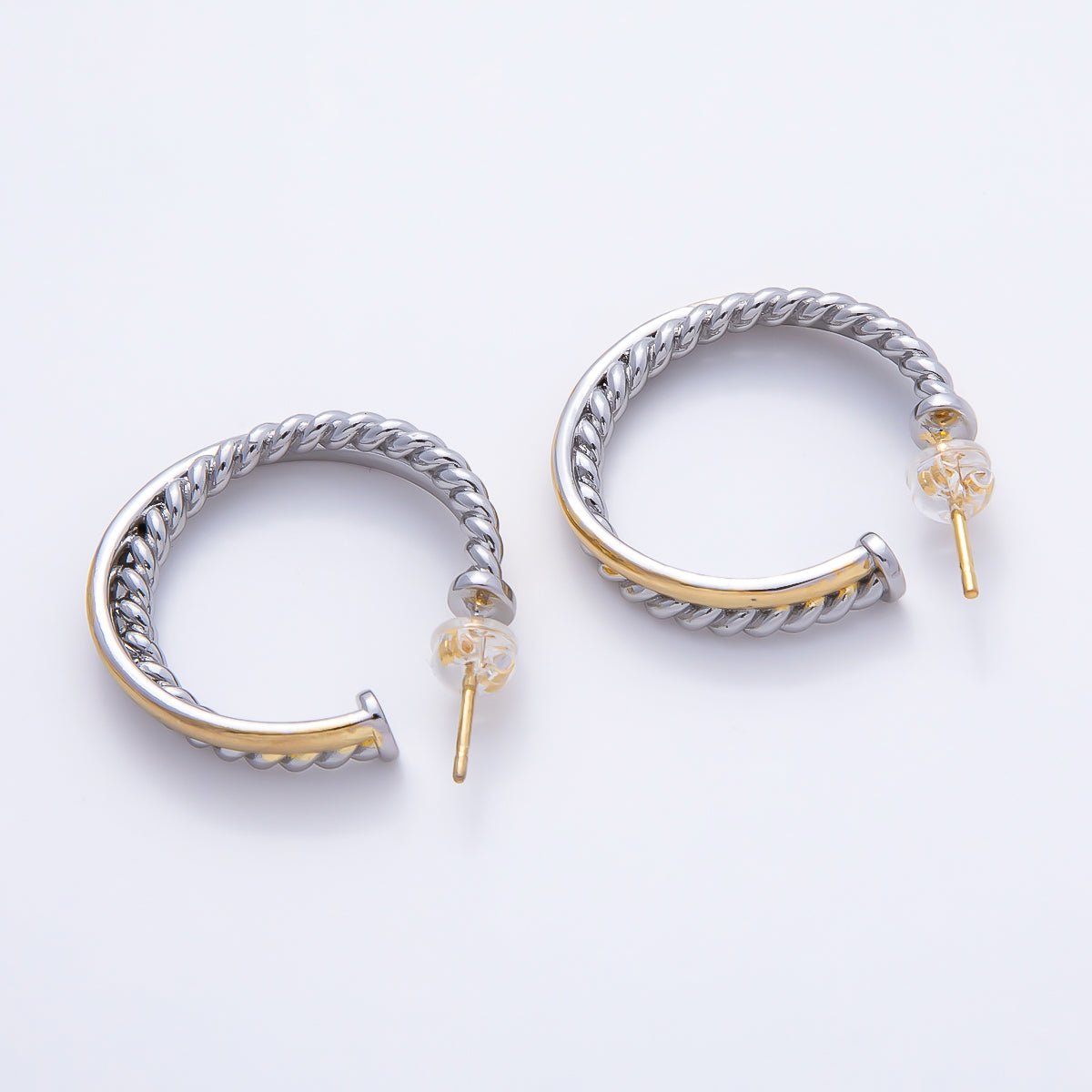 16K Gold Filled 25mm Mixed Metal Croissant Double C-Shaped Hoop in Silver & Gold | Earrings-00670 - DLUXCA