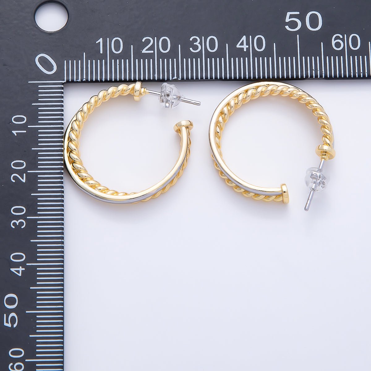 16K Gold Filled 25mm Mixed Metal Croissant Double C-Shaped Hoop in Silver & Gold | Earrings-00670 - DLUXCA