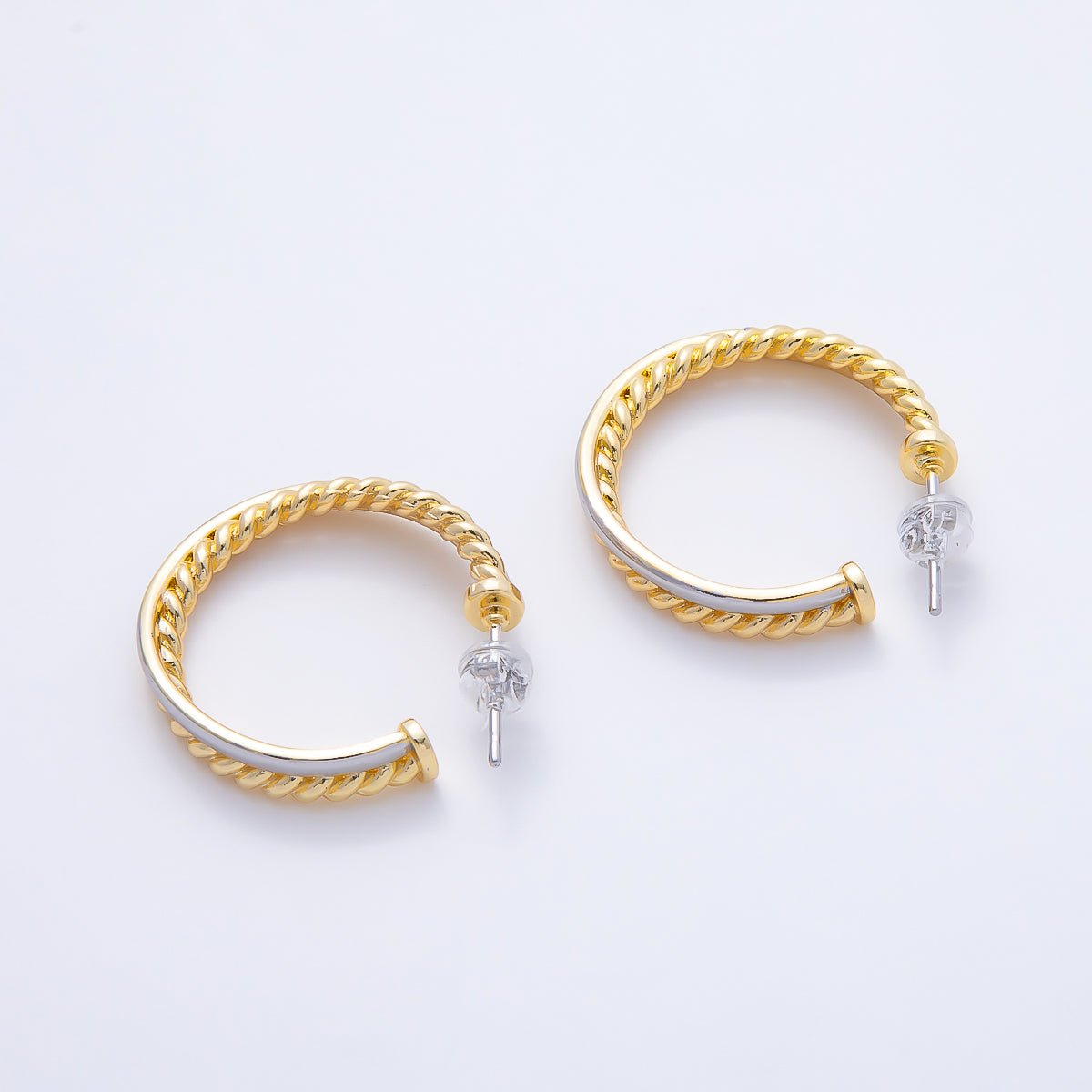 16K Gold Filled 25mm Mixed Metal Croissant Double C-Shaped Hoop in Silver & Gold | Earrings-00670 - DLUXCA