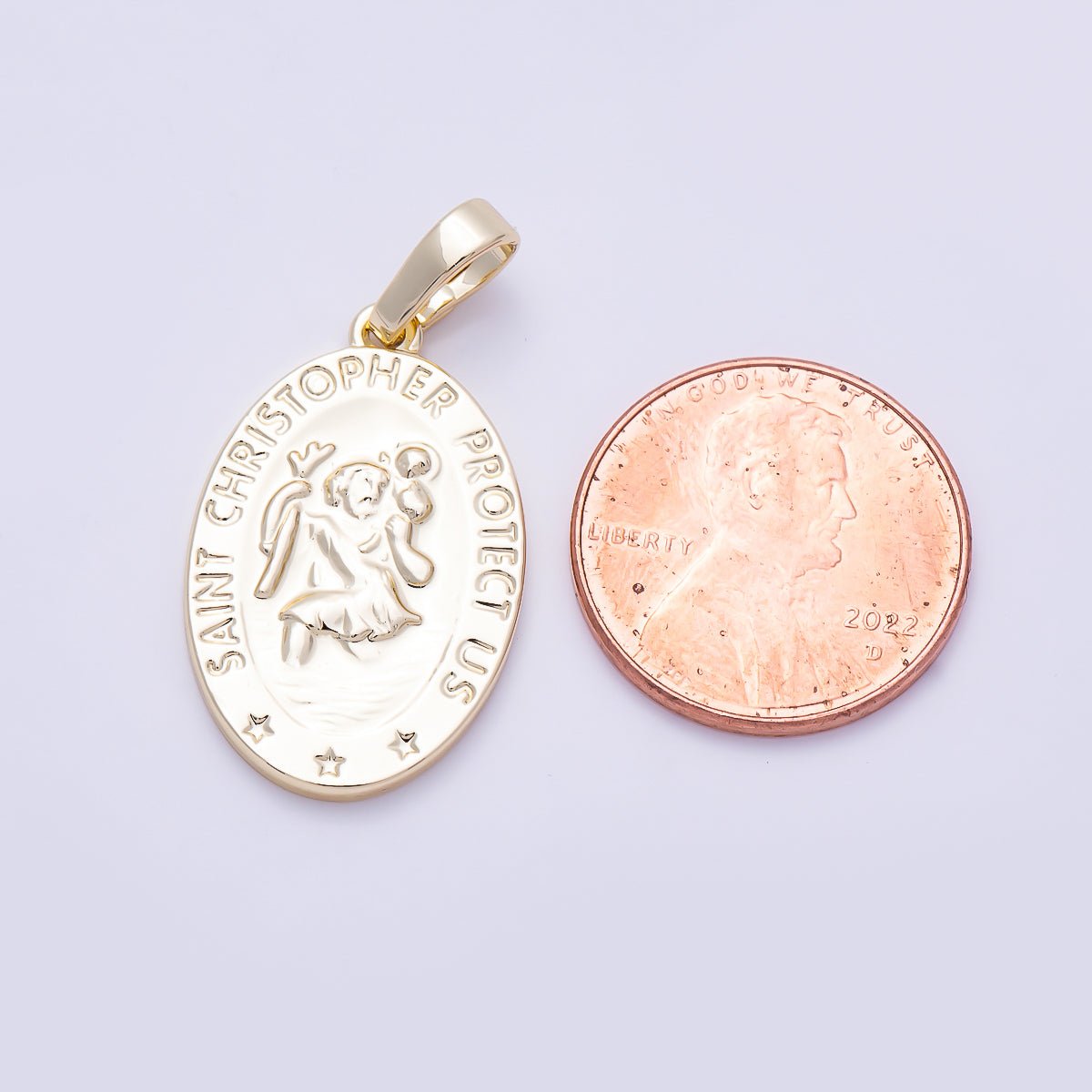 16K Gold Filled 25mm "Saint Christopher Save Us" Religious Prayer Oval Pendant | Charms-01397 - DLUXCA