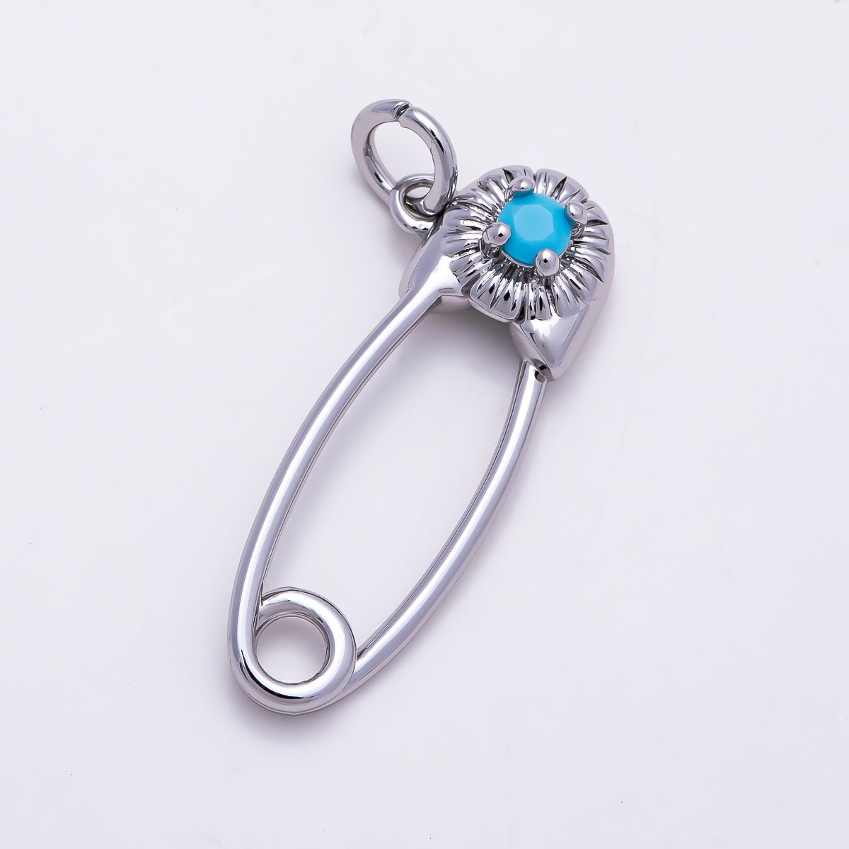 16K Gold Filled 25mm Turquoise CZ Flower Accent Safety Pin Charm | Charms-01853 - Charms-01854 - DLUXCA