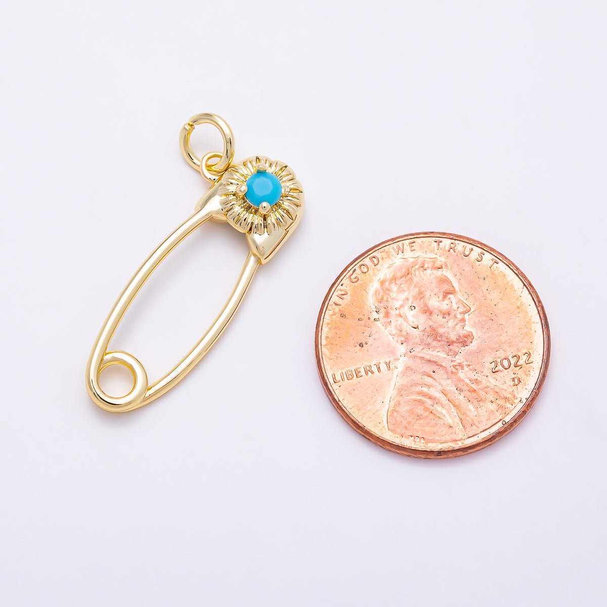16K Gold Filled 25mm Turquoise CZ Flower Accent Safety Pin Charm | Charms-01853 - Charms-01854 - DLUXCA