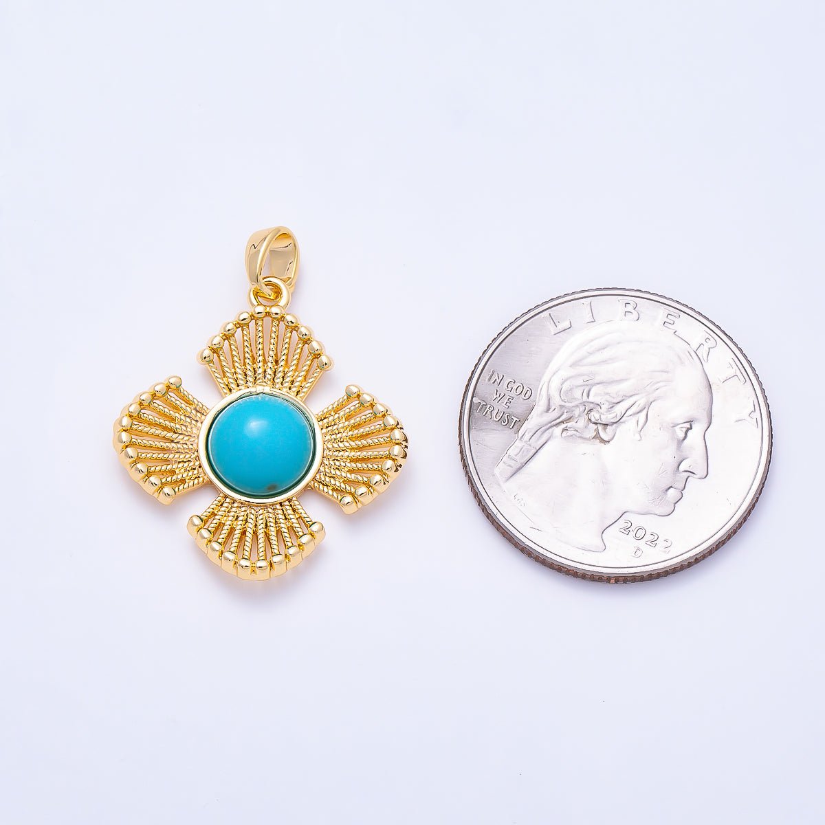 16K Gold Filled 25mm Turquoise, Tiger Eye, Shell Pearl Cabochon Dotted Geometric Flower Pendant | Charms-01553 ~ Charms-01555 - DLUXCA