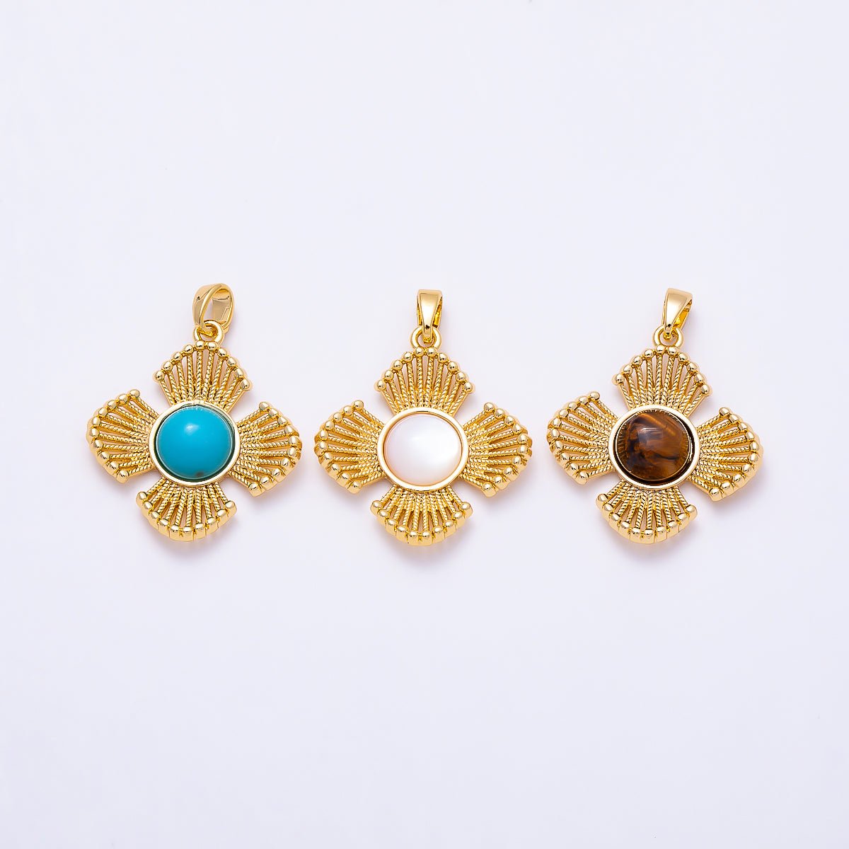 16K Gold Filled 25mm Turquoise, Tiger Eye, Shell Pearl Cabochon Dotted Geometric Flower Pendant | Charms-01553 ~ Charms-01555 - DLUXCA