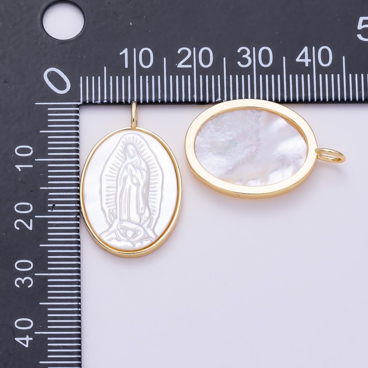 16K Gold Filled 26.5mm White Shell Pearl Lady Guadalupe Mary Oval Charm | Charms-01481 - DLUXCA