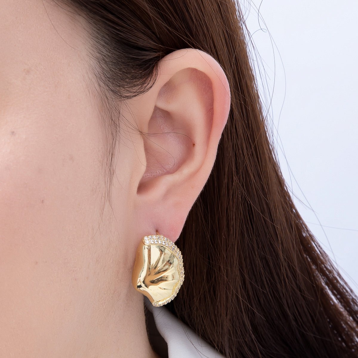 16K Gold Filled 26mm Clam Sea Shell Micro Paved CZ Stud Earrings in Gold & Silver | Findings-00486 Findings-00487 - DLUXCA