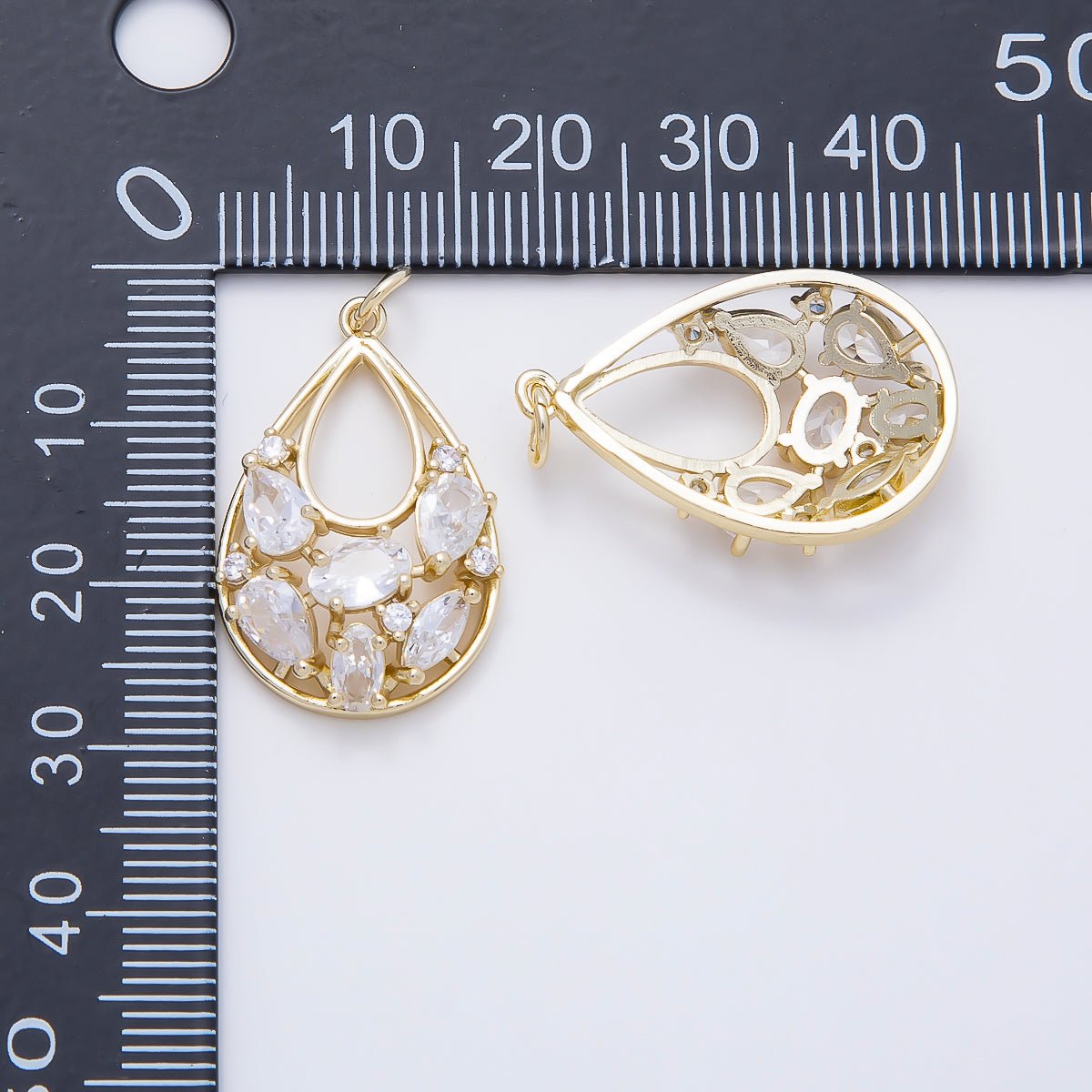 16K Gold Filled 26mm Clear CZ Cluster Teardrop Open Charm | Charms-01601 - DLUXCA