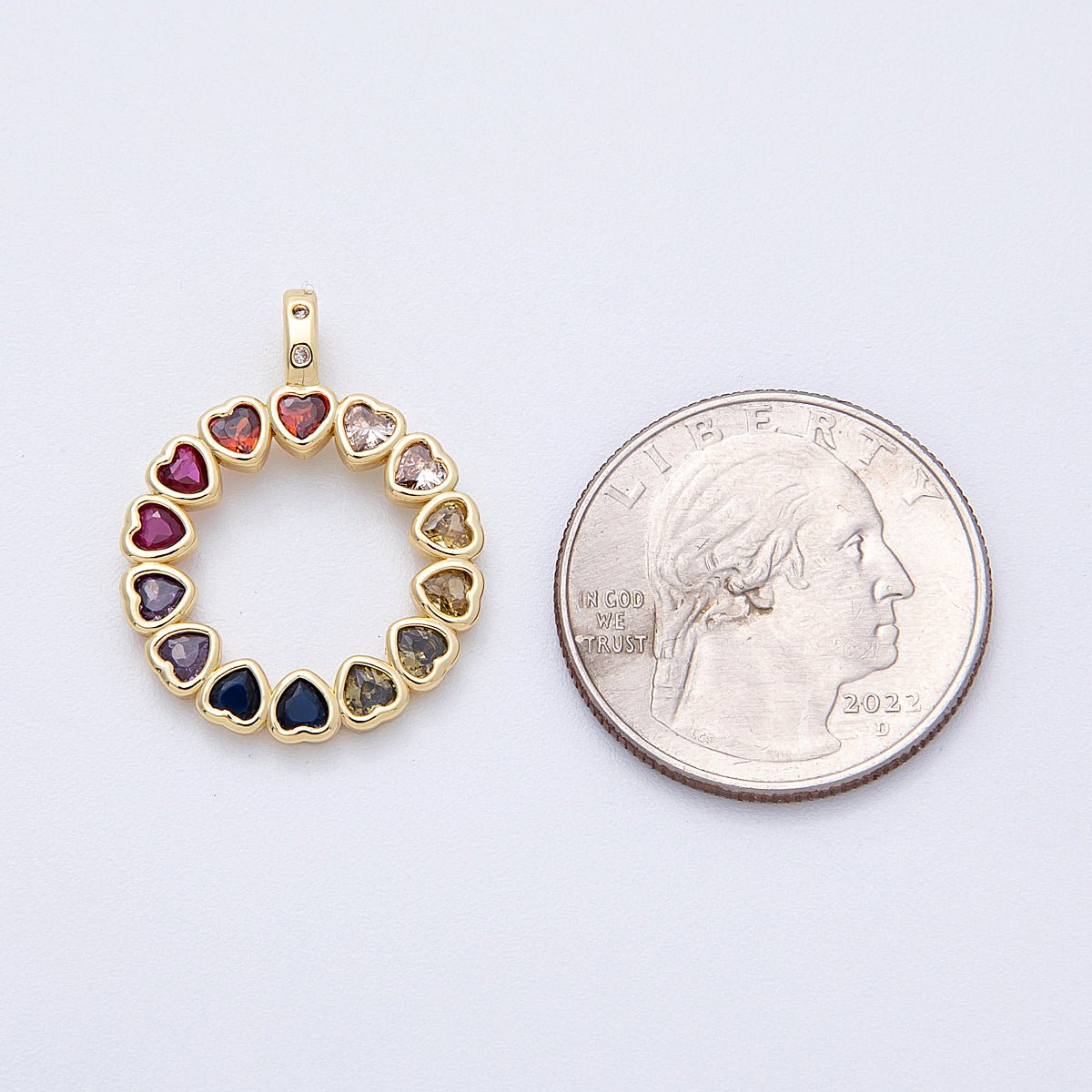 16K Gold Filled 26mm Multicolor CZ Heart Open Round Pendant | Charms - 00124 - DLUXCA