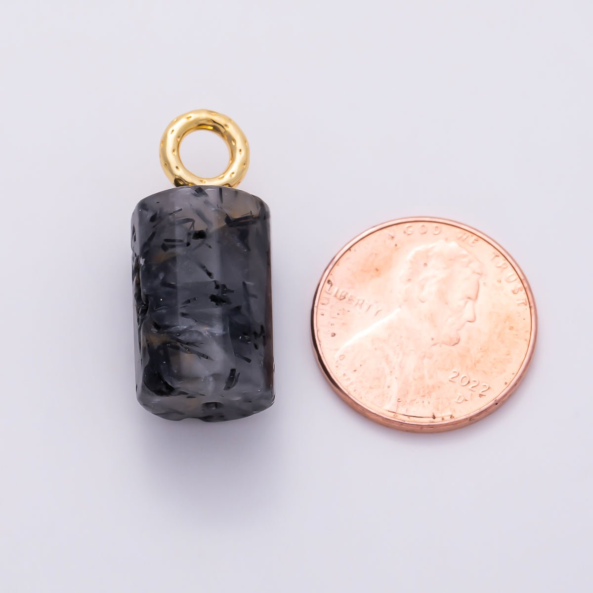 16K Gold Filled 26mm Natural Gemstone Black Quartz Cylinder Charm | Charms-01903 - DLUXCA