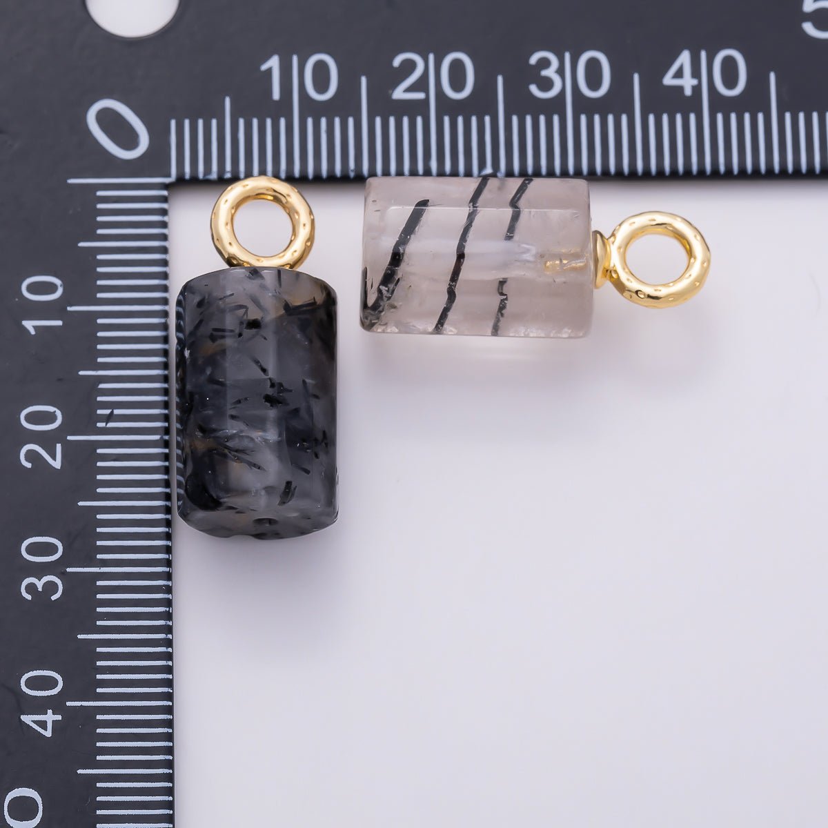 16K Gold Filled 26mm Natural Gemstone Black Quartz Cylinder Charm | Charms-01903 - DLUXCA