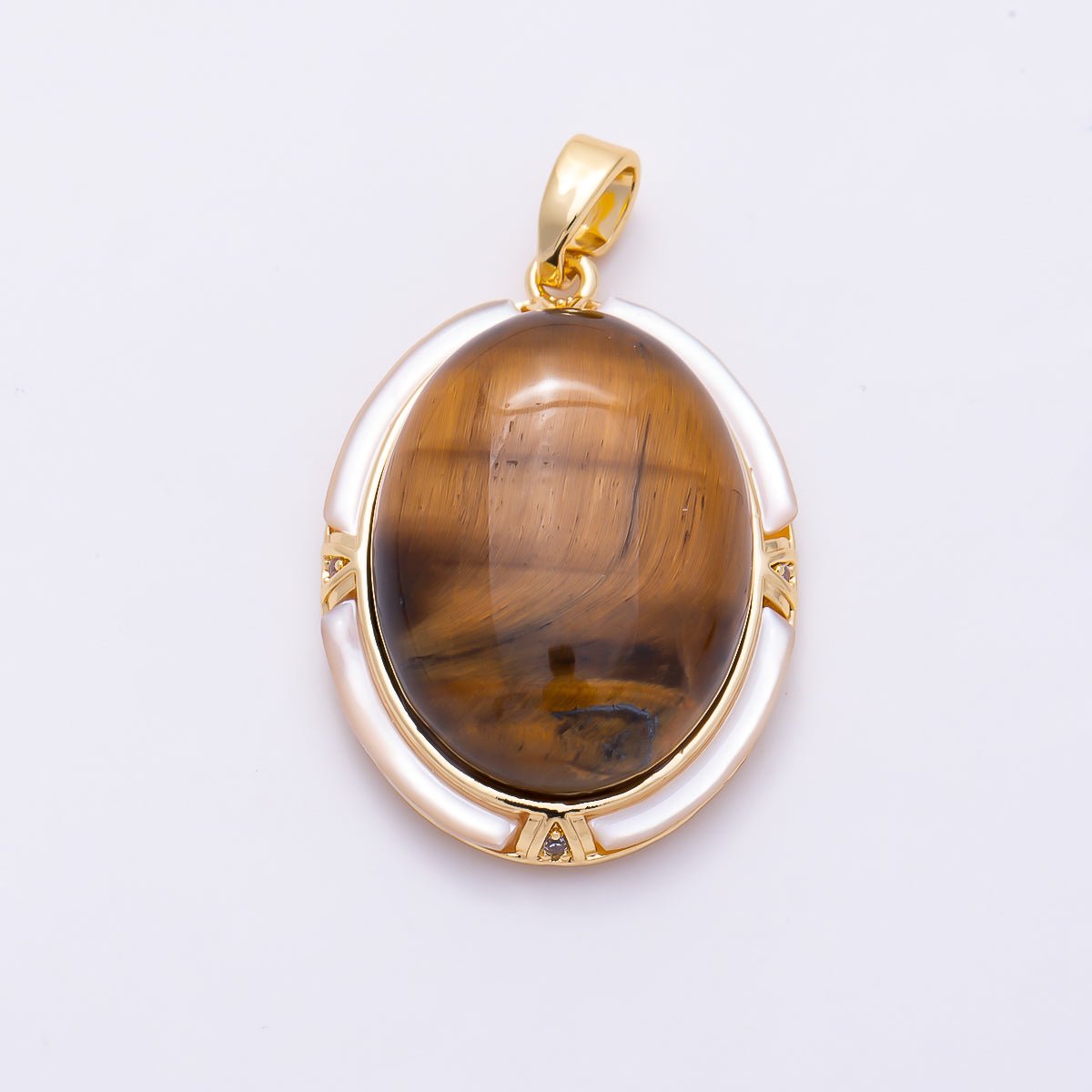 16K Gold Filled 26mm Oval Tiger Eye Cabochon Natural Gemstone Pendant | Charms-01940 - Charms-01941 - DLUXCA