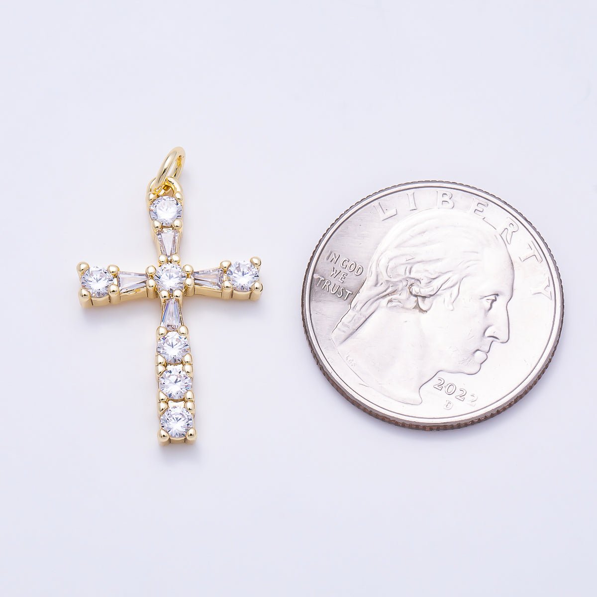 16K Gold Filled 26mm Round Baguette CZ Cross Religious Pendant in Gold | Charms-01786 - DLUXCA