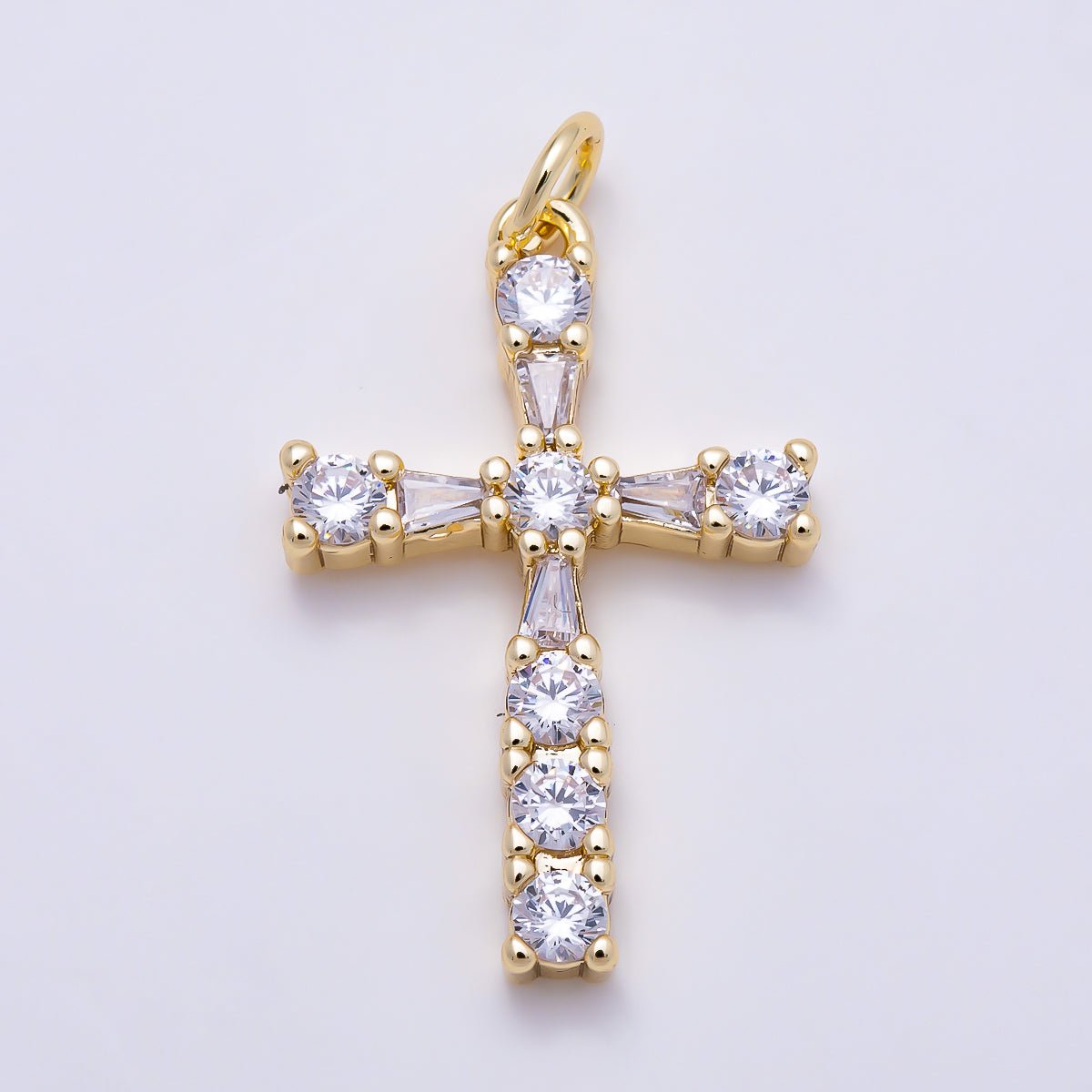 16K Gold Filled 26mm Round Baguette CZ Cross Religious Pendant in Gold | Charms-01786 - DLUXCA