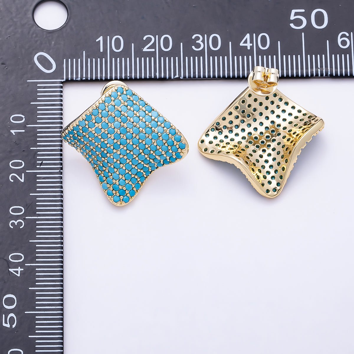 16K Gold Filled 26mm Turquoise Micro Paved CZ Asymmetric Rhombus Stud Earrings | Earrings-00804 - DLUXCA