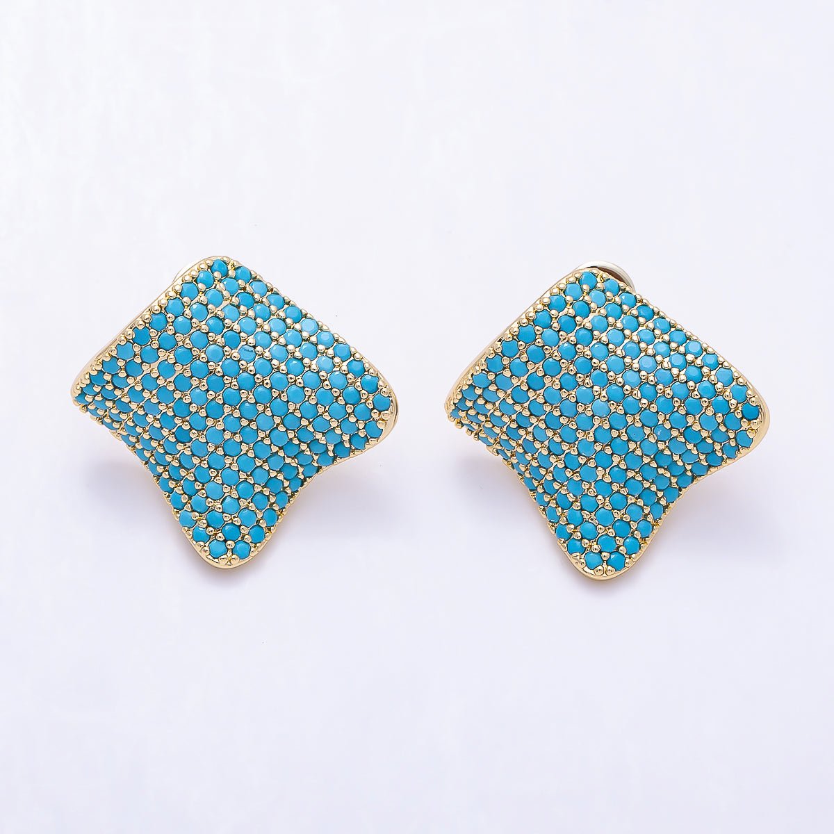 16K Gold Filled 26mm Turquoise Micro Paved CZ Asymmetric Rhombus Stud Earrings | Earrings-00804 - DLUXCA