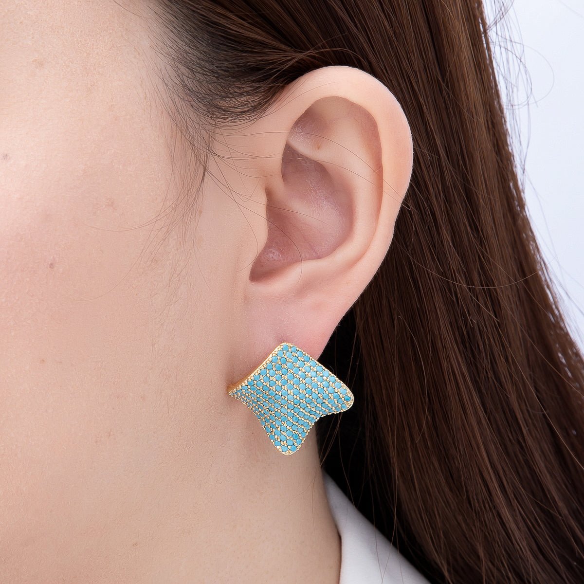 16K Gold Filled 26mm Turquoise Micro Paved CZ Asymmetric Rhombus Stud Earrings | Earrings-00804 - DLUXCA