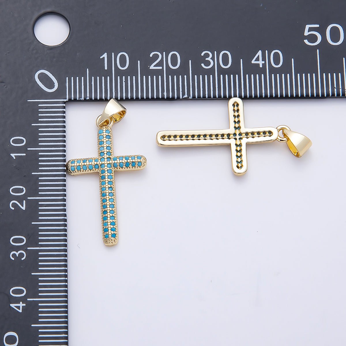 16K Gold Filled 26mm Turquoise Micro Paved Religious Cross Pendant | Charms-01251 - DLUXCA