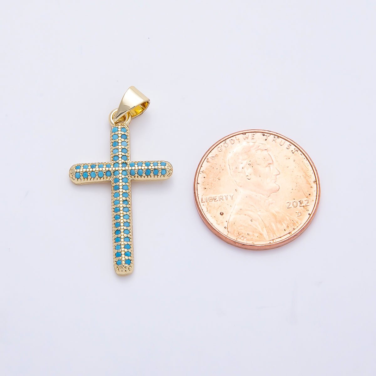 16K Gold Filled 26mm Turquoise Micro Paved Religious Cross Pendant | Charms-01251 - DLUXCA