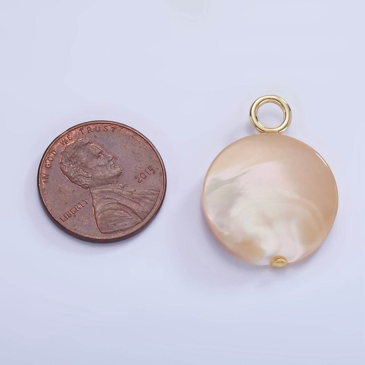 16K Gold Filled 26mm White Peach Shell Pearl Flat Round Drop Pendant | P1750 - DLUXCA