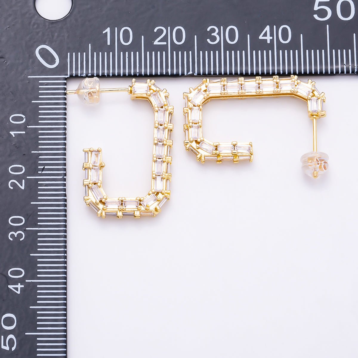 16K Gold Filled 27mm Baguette CZ Rectangular Open Hoop Earrings | Earrings-00832 - Earrings-00833 - DLUXCA
