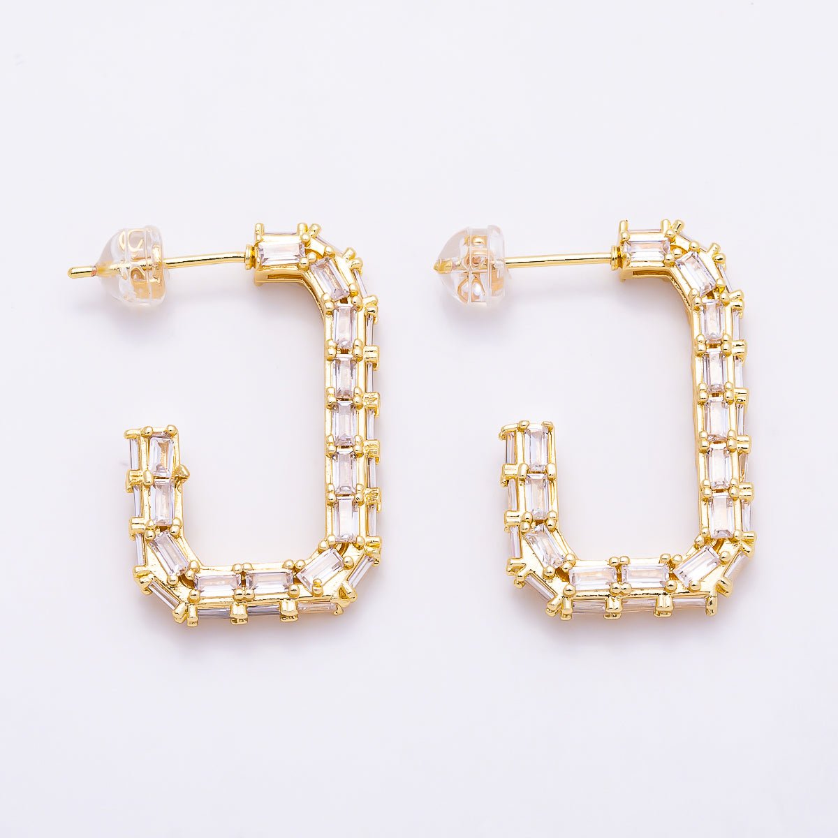 16K Gold Filled 27mm Baguette CZ Rectangular Open Hoop Earrings | Earrings-00832 - Earrings-00833 - DLUXCA