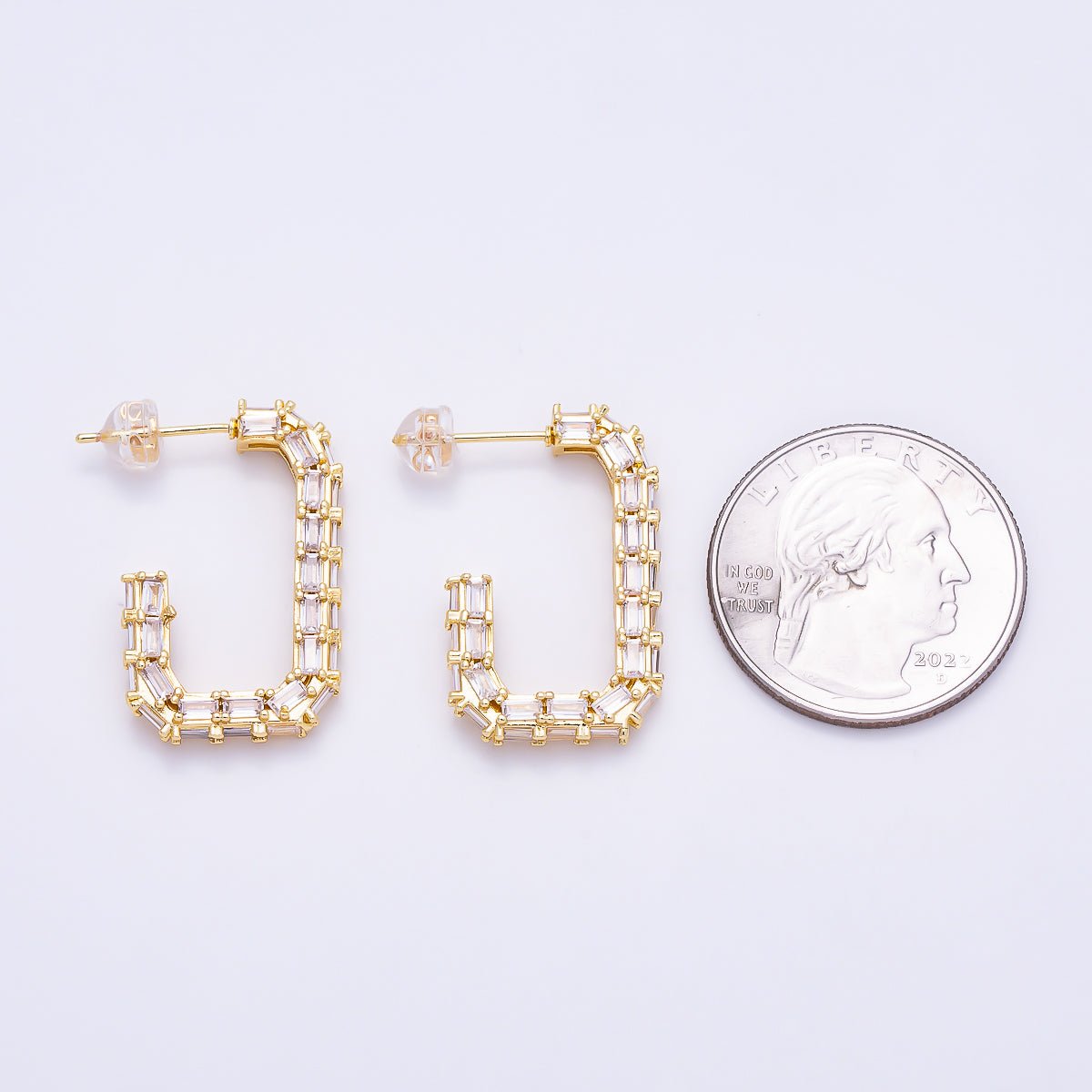 16K Gold Filled 27mm Baguette CZ Rectangular Open Hoop Earrings | Earrings-00832 - Earrings-00833 - DLUXCA