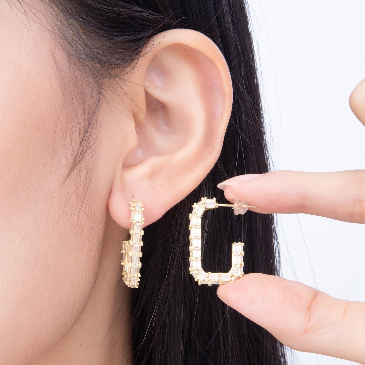 16K Gold Filled 27mm Baguette CZ Rectangular Open Hoop Earrings | Earrings-00832 - Earrings-00833 - DLUXCA