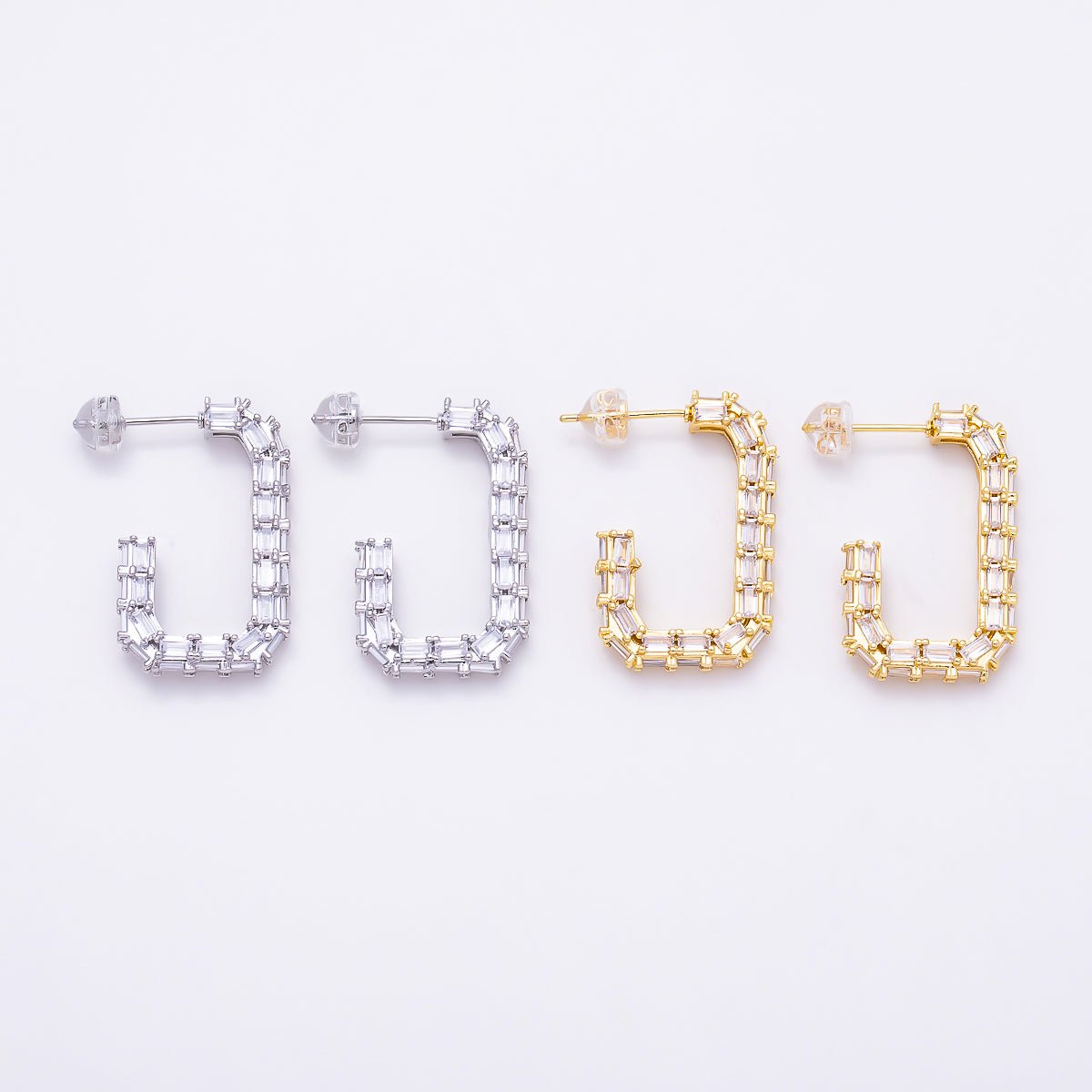 16K Gold Filled 27mm Baguette CZ Rectangular Open Hoop Earrings | Earrings-00832 - Earrings-00833 - DLUXCA