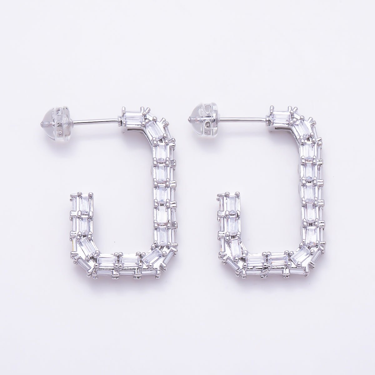 16K Gold Filled 27mm Baguette CZ Rectangular Open Hoop Earrings | Earrings-00832 - Earrings-00833 - DLUXCA