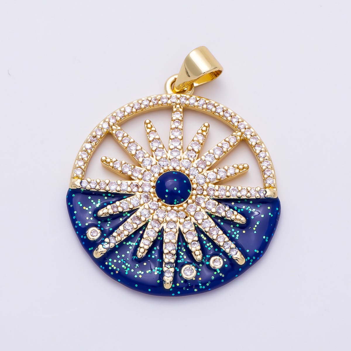 16K Gold Filled 27mm Blue Clear Micro Paved CZ Celestial Sun Open Round Pendant | Charms-01489 - DLUXCA