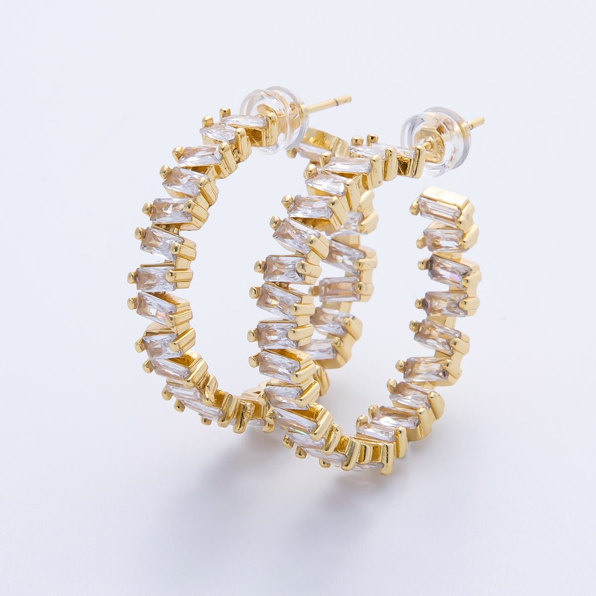 16K Gold Filled 27mm Clear Baguette CZ C - Shaped Hoop | Earrings - 00231 - DLUXCA